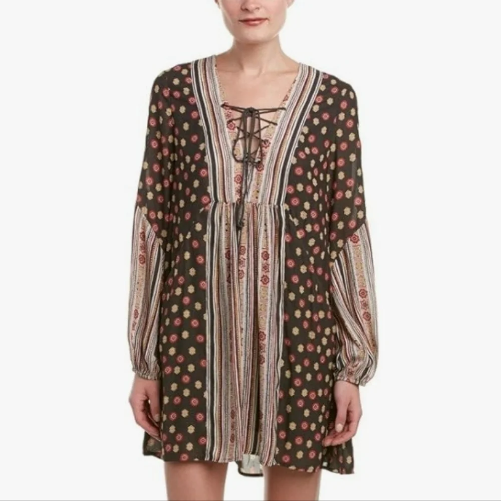 Free people rain or shine tunic dress. Printed dress black.  Boho sz small